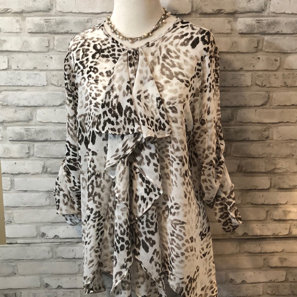 Womens Animal Print Ruffle Front Blouse - Cream and Brown
